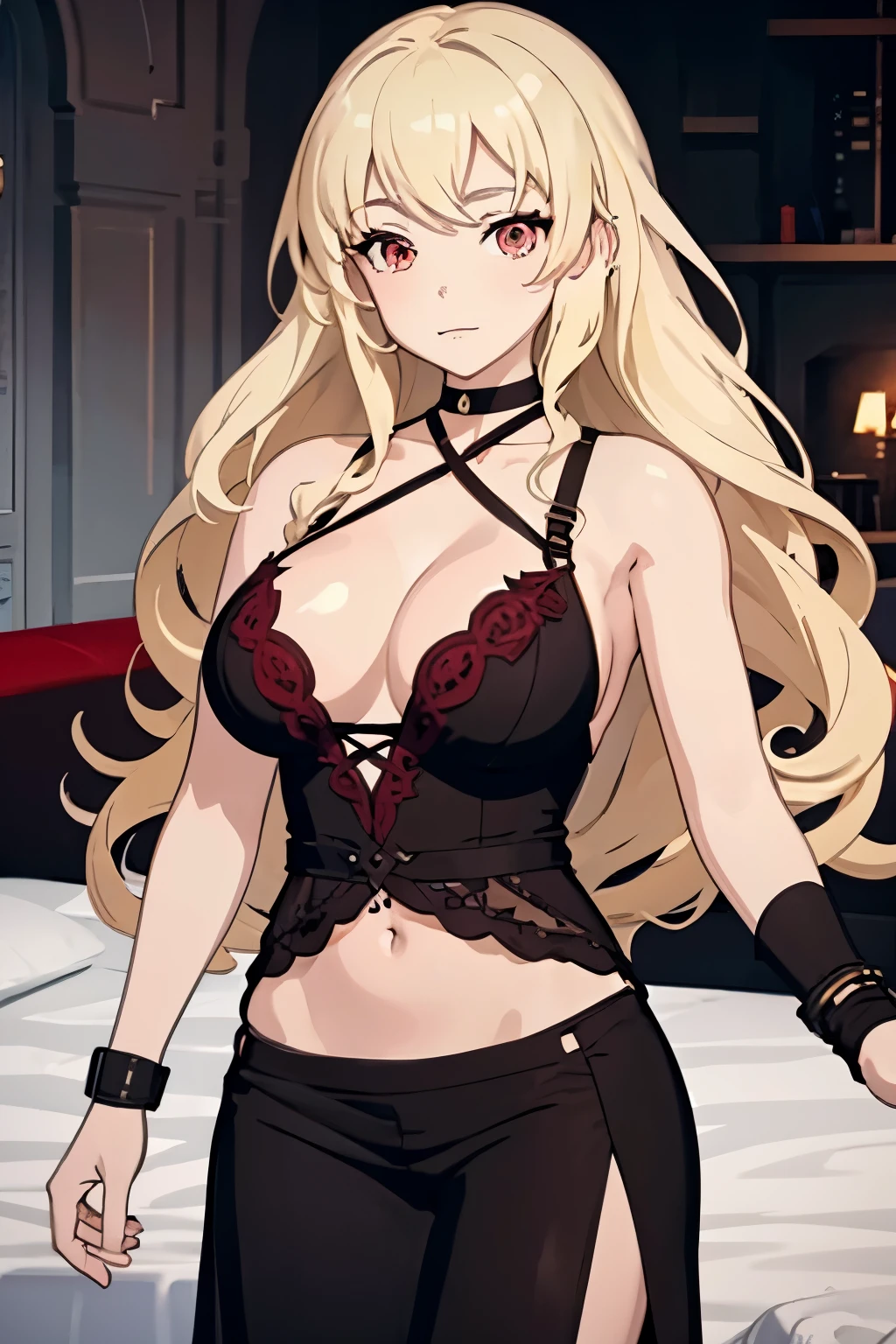 1024 X 1536, (masterpiece), maximum quality, 1girl, older woman, blonde hair, long hair, wavy hair, red eyes, choker, (large breasts:2), negligee, lying, master bedrom, bed, sexy