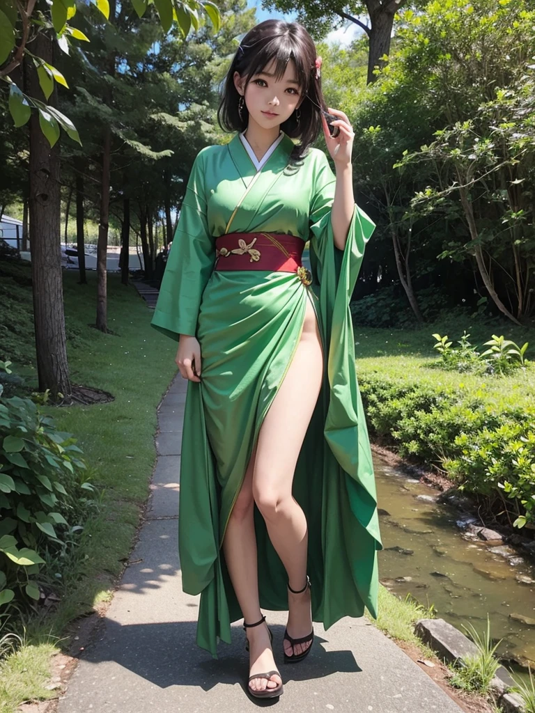 full body photography, an adorable Japanese young idol girl wearing completely green-fire-like dress, photo shoot, real shot, film, filming,