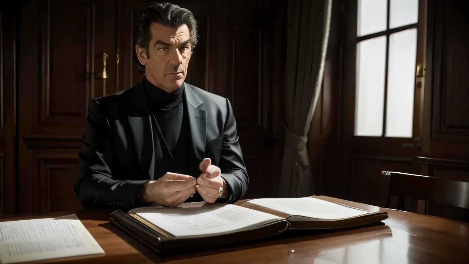 Fed man sitting at table，stretch out right hand, want to shake hands，Kramskoy 4k, Still images from TV series, still from live action movie, Scenes from live action movies, Still in the movie, Maxim Sukharev, masterpiece, Movie screenshots, Pierce Brosnan as James Bond, Movie promotional pictures, librarian