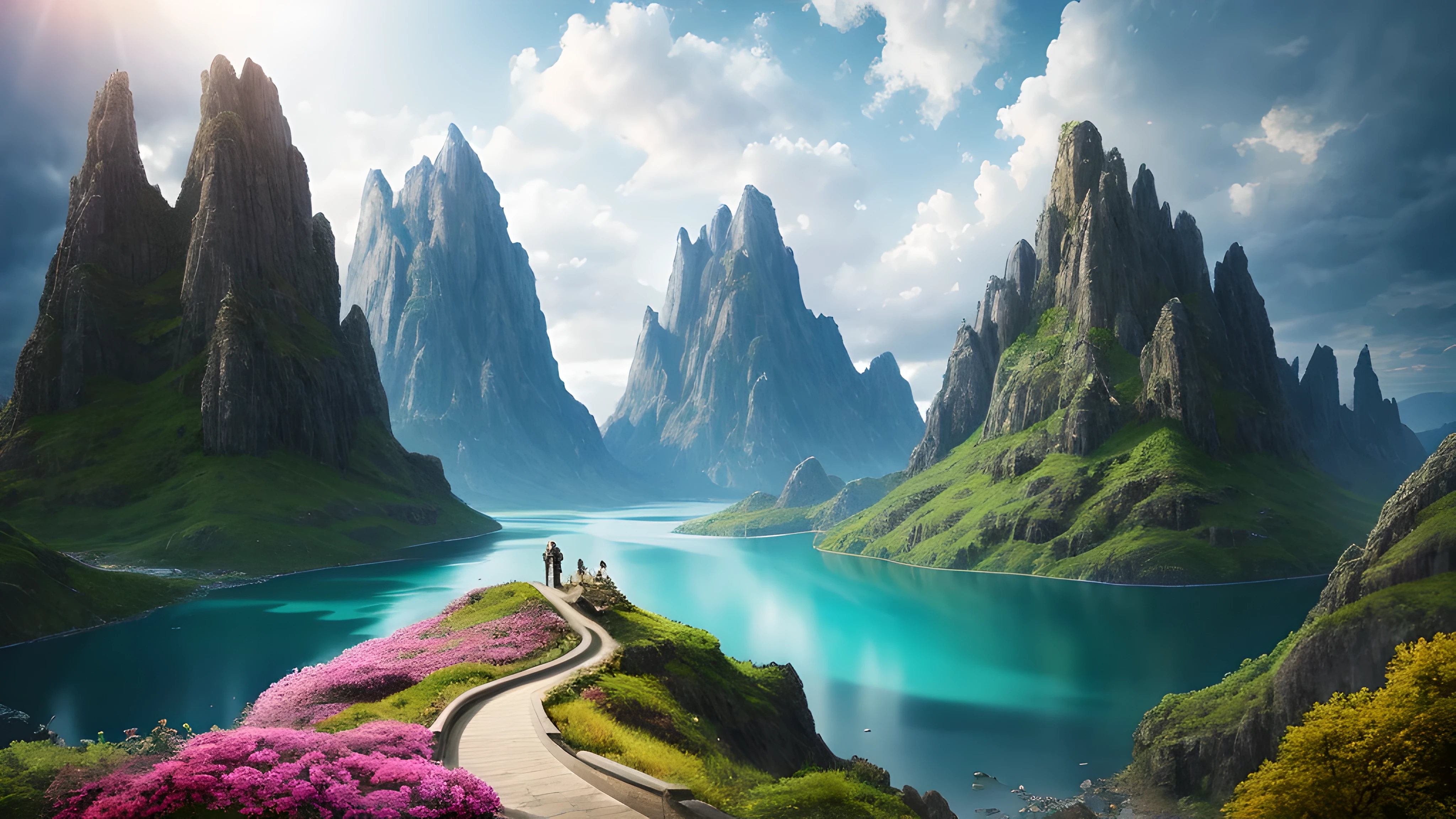 masterpiece, best quality, high quality, extremely detailed CG unity 8k wallpaper, landscape, outdoor, sky空, cloud, sky, no humans, Mountain, landscape, water, Tree, blue sky空, waterfall, cliff, nature, lake, river, cloudy sky空,Award-winning photography, Bokeh, depth of field, high dynamic range, bloom, Color difference ,lifelike,extremely detailed, Popular topics on ArtStation, Trending on CGSociety, complex, high detail, dramatic, midway art