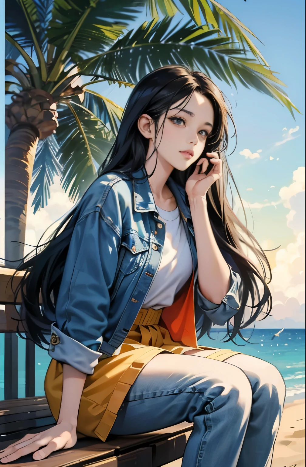 very colorful, orange and indigo tones, summer image, Palm tree, seaside, anime woman with long black hair, Around 25 years old, wearing a jacket, blue jeans, perfect tall model body, cool beauty, That will happen, Anime drawing by Yang J, Trending at Art Station, realism, extremely detailed germ of art, Realistic anime 3D style, anime style 4 k, up to the model | germ of art, anime style. 8k, casual clothes, realistic anime art style, style germ of art, highest quality, perfect angle, perfect composition, best shot, official art,CD jacket, 80s city pop, very stylish