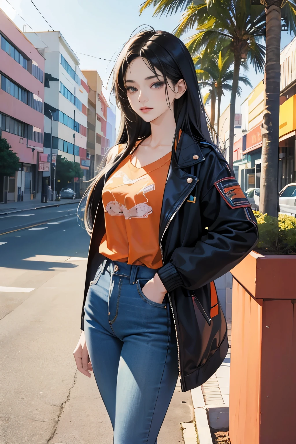 very colorful, orange and indigo tones, summer image, Palm tree, seaside, anime woman with long black hair, Around 25 years old, wearing a jacket, blue jeans, perfect tall model body, cool beauty, That will happen, Anime drawing by Yang J, Trending at Art Station, realism, extremely detailed germ of art, Realistic anime 3D style, anime style 4 k, up to the model | germ of art, anime style. 8k, casual clothes, realistic anime art style, style germ of art, highest quality, perfect angle, perfect composition, best shot, official art,CD jacket, 80s city pop, very stylish