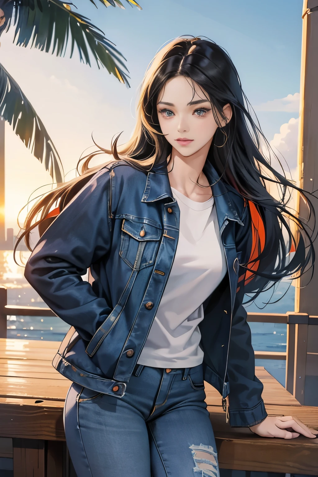 very colorful, orange and indigo tones, summer image, Palm tree, seaside, anime woman with long black hair, Around 25 years old, wearing a jacket, blue jeans, perfect tall model body, cool beauty, That will happen, Anime drawing by Yang J, Trending at Art Station, realism, extremely detailed germ of art, Realistic anime 3D style, anime style 4 k, up to the model | germ of art, anime style. 8k, casual clothes, realistic anime art style, style germ of art, highest quality, perfect angle, perfect composition, best shot, official art,CD jacket, 80s city pop, very stylish