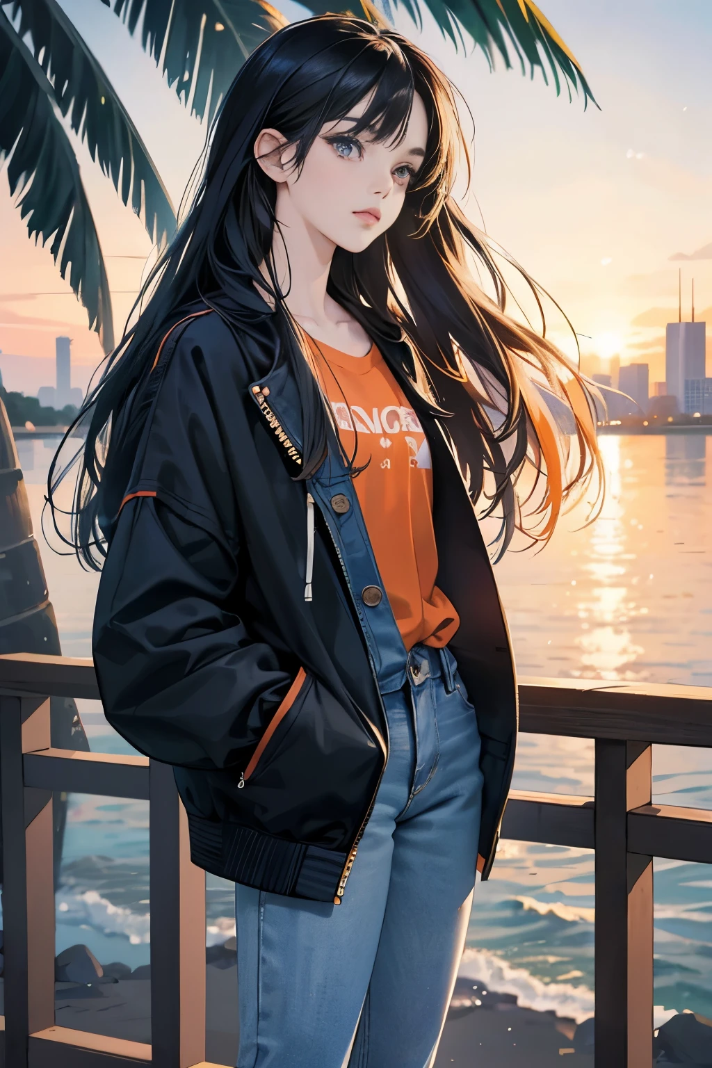 very colorful, orange and indigo tones, summer image, Palm tree, seaside, Anime girl with long black hair, wearing a jacket, blue jeans, perfect tall model body, cool beauty, That will happen, Anime drawing by Yang J, Trending at Art Station, realism, extremely detailed germ of art, Realistic anime 3D style, anime style 4 k, up to the model | germ of art, anime style. 8k, casual clothes, realistic anime art style, style germ of art, highest quality, perfect angle, perfect composition, best shot, official art，CD jacket, 80s city pop, very stylish