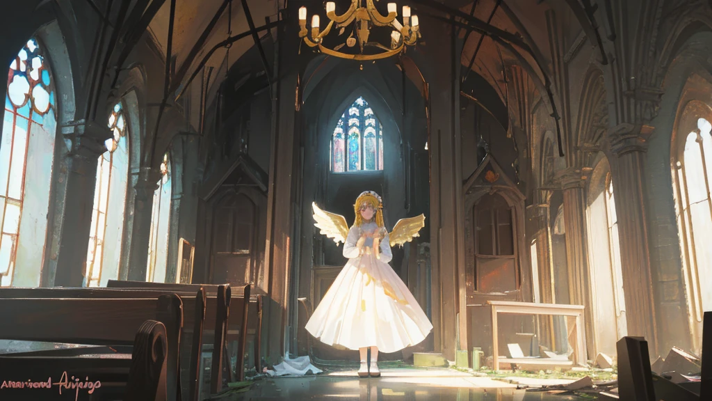 (abandoned church, stand glass with angel painted on it), (1 girl, sister, blonde hair, kawaii)