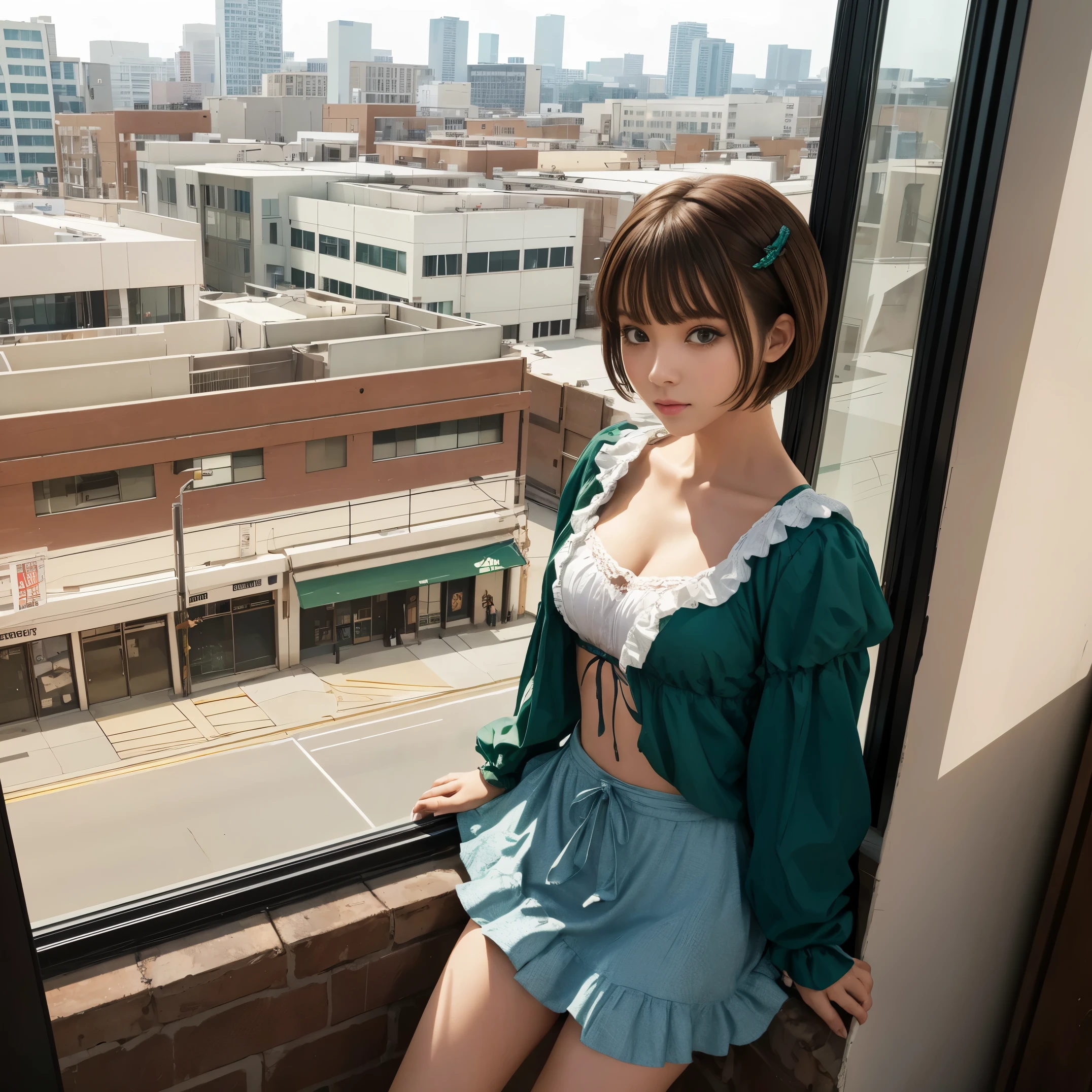 (cowboy shot), software,  (masterpiece), (highest quality:1.0), (ultra high resolution:1.0), fine eyes, break , Miss Martian YJ, green skin, short hair, 1 girl, sweet_lolita, break, (Street style, indoors,  Gorgeous View)