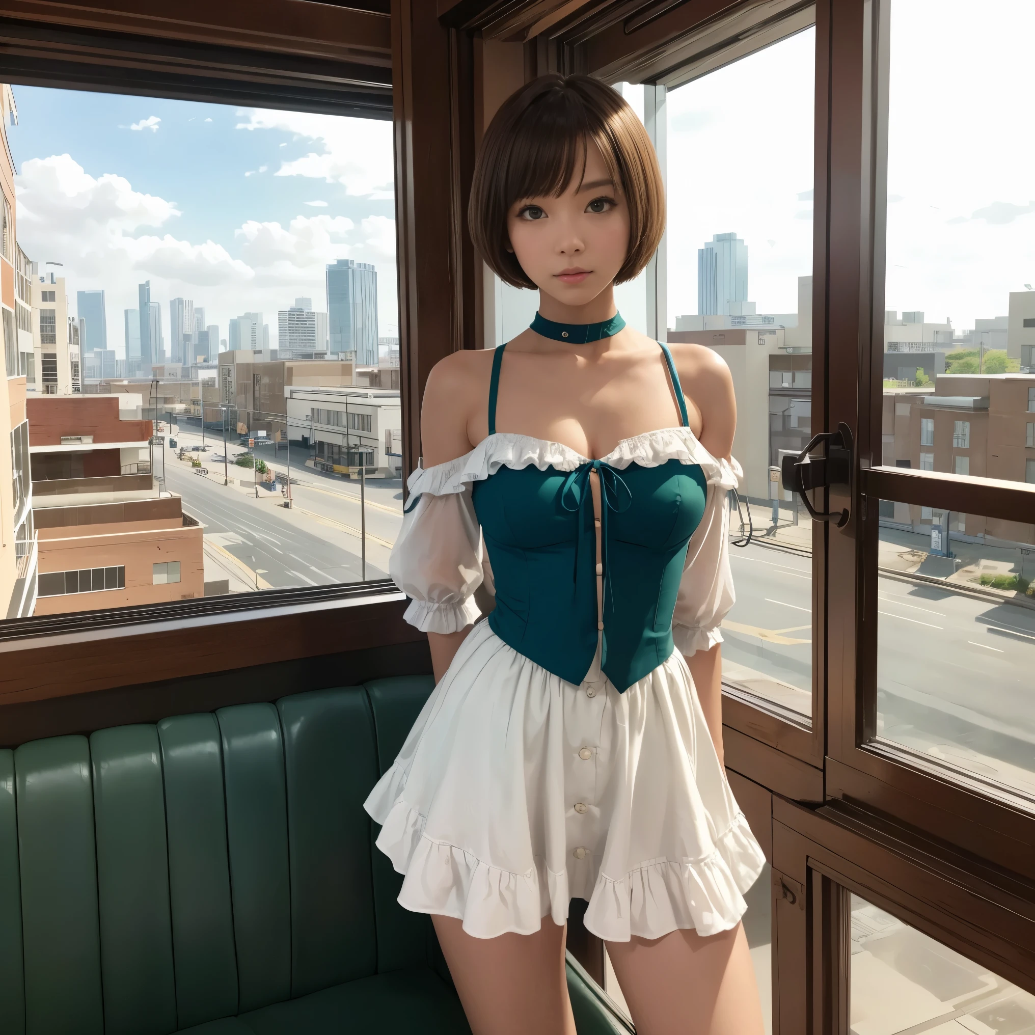 (cowboy shot), software,  (masterpiece), (highest quality:1.0), (ultra high resolution:1.0), fine eyes, break , Miss Martian YJ, green skin, short hair, 1 girl, sweet_lolita, break, (Street style, indoors,  Gorgeous View)