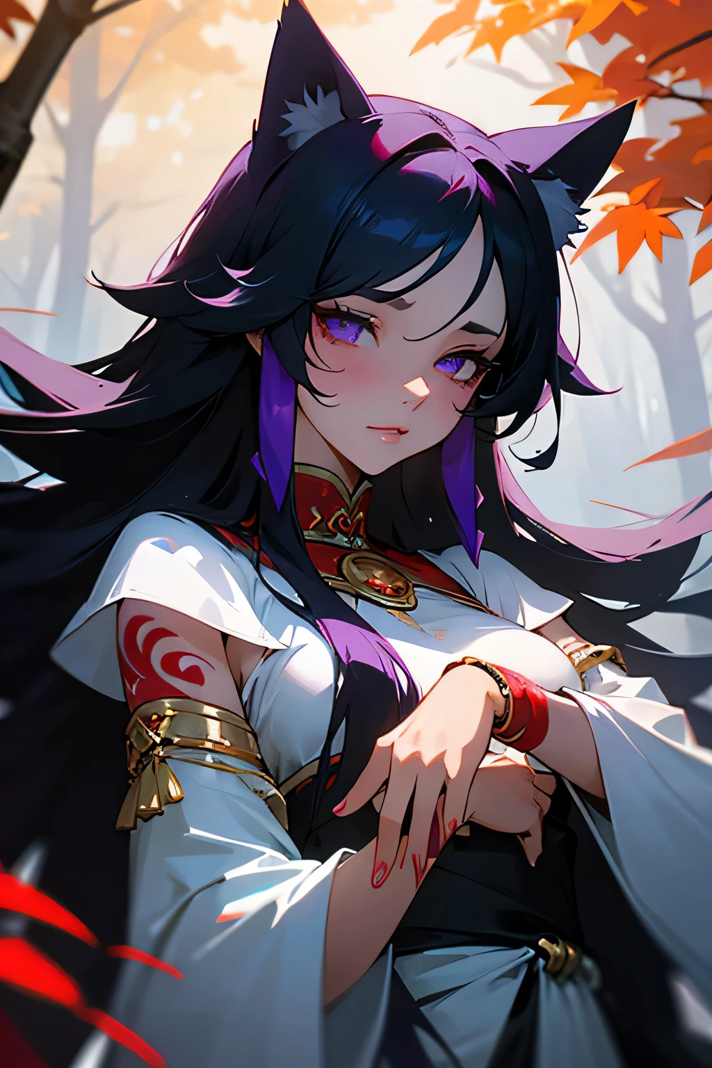 ultra-detailed, woman, cat ears, violet eyes, black hair, long hair, wears white clothes with red decorations, on her left arm she has no sleeves, on her left arm she has red tribal tattoos, she wears a gold bracelet on her left hand, on his right hand he wears a red bracelet, the cloth and a tree in autumn, face, ethereal lighting, mystical atmosphere, vibrant colors