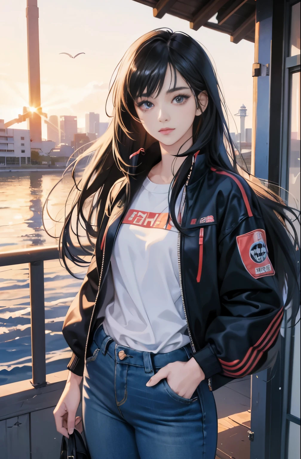 very colorful, Pop feel, orange and indigo tones, summer image, Palm tree, seaside, anime woman with long black hair, Around 25 years old, wearing a jacket, blue jeans, perfect tall model body, cool beauty, That will happen, Anime drawing by Yang J, Trending at Art Station, realism, extremely detailed germ of art, Realistic anime 3D style, anime style 4 k, up to the model | germ of art, anime style. 8k, casual clothes, realistic anime art style, style germ of art, highest quality, perfect angle, perfect composition, best shot, official art,CD jacket, 80s city pop, very stylish