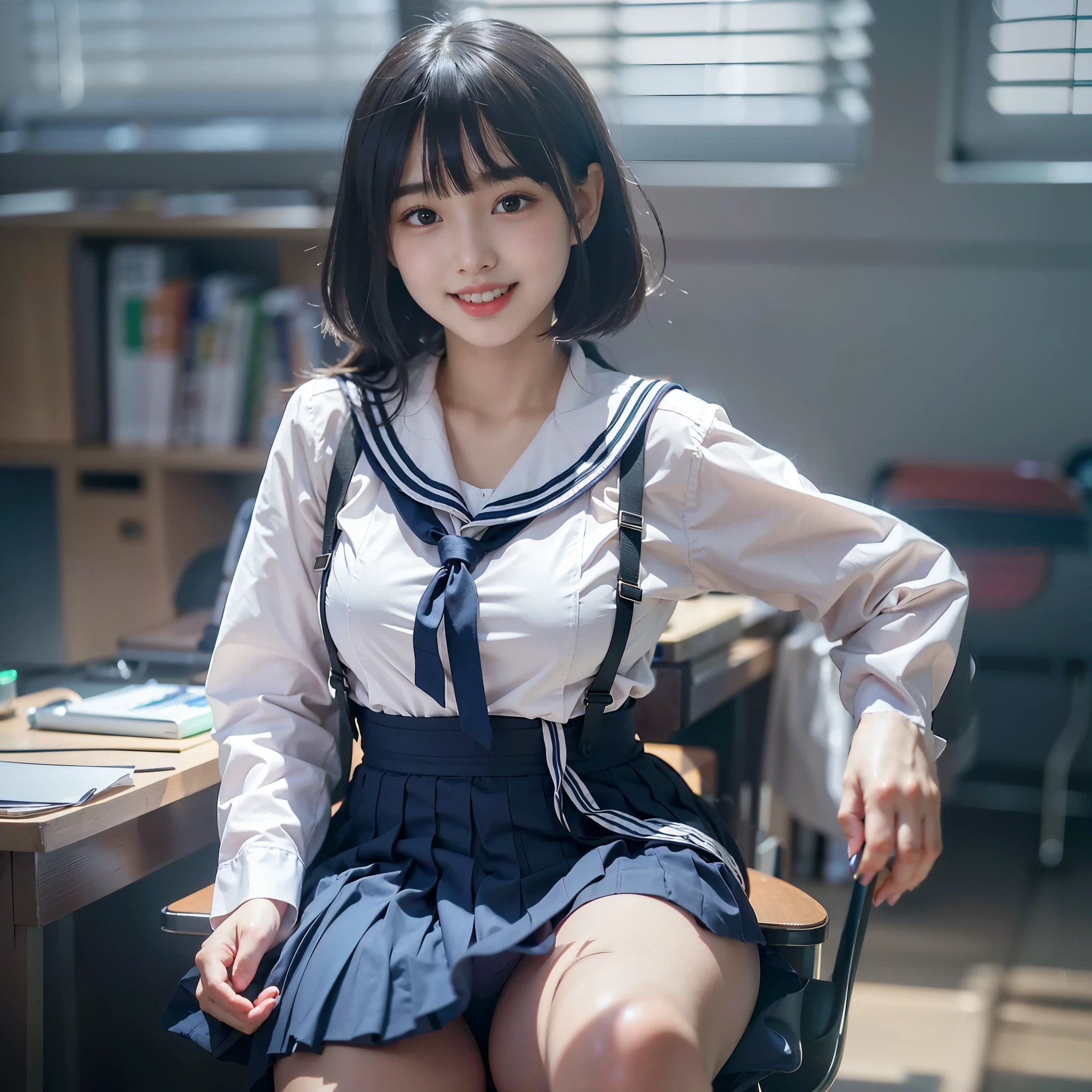 masterpiece、highest quality、super realistic、surreal、Ultra high definition、8k、Raw photo、textured skin、sailor school uniform、long sleeve、Plain dark blue pleated skirt