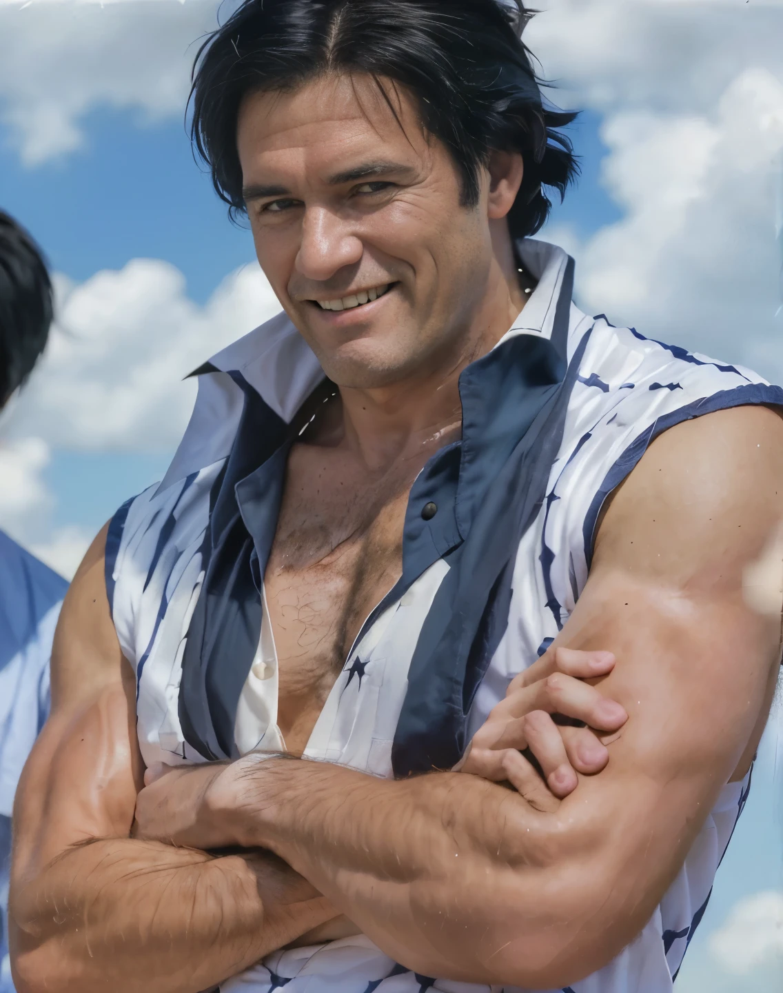 (masterpiece), (realistic), (ultra detailed), ( high reest quality), (photorealistic), (perfect face), old man, 1male, solo, American  (((muscular))), monkey d. Garp from one piece, monkey d. Garp, ((short hair)), ((black hair)), wearing white clothes, there is a blue bandana around his neck, evil smiling character, Behind the character is a blue sky