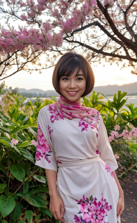 Masterpiece:1.2, high quality, best quality, high resolution, detailed, hyper realistic, 1 malay girl, wear sarong batik, bright short white hair, Shaggy Bob Haircut with Bangs, brown eyes, head tilt, sunset, birds flying, blossom trees Portrait, smile, showing teeth,  (detailed face), ((sharp focuses)), upper body, mid shot portrait,