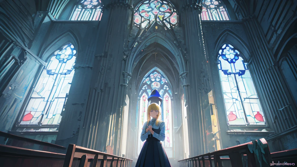 (abandoned church, blue stained glass), (1 girl, sister, blonde hair, kawaii)