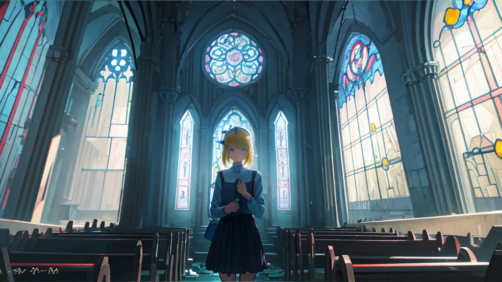 (abandoned church, blue stained glass), (1 girl, sister, blonde hair, kawaii)
