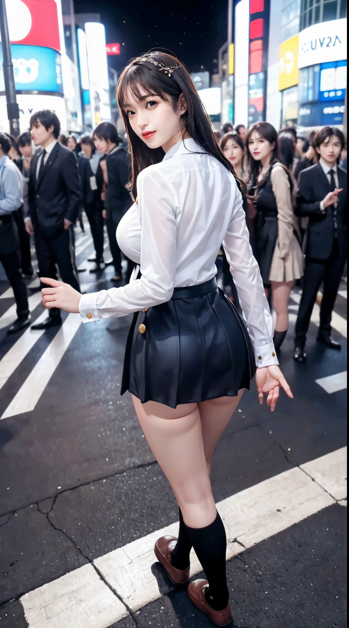 masterpiece, top-quality, top-quality, Beautifully Aesthetic:1.2, ((1girl, solo):1.5), party night, ((Wearing a Button shirt, Pleated skirt, high-socks, loafers, long tie):1.2), high detailed, (showing panties a little:1.2), (Close the button),
BREAK
(Standing with pretty gravure pose that one leg up:1.3), large breasts, firm breast, nicely shaped breasts, slender figure,
((Dark Brown Hair)), wavy hair, (medium long hair:1.2),
BREAK
((in the middle of very crowded Shibuya's scramble crossing at late night:1.2)), (Full body shot:1.1), (From back:1.2), ((looking back at viewer:1.2)),