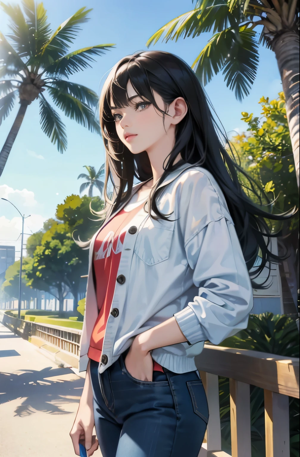 very colorful, Pop feel, orange and indigo tones, summer image, Palm tree, seaside, anime woman with long black hair, Around 25 years old, wearing a jacket, blue jeans, perfect tall model body, cool beauty, That will happen, Anime drawing by Yang J, Trending at Art Station, realism, extremely detailed germ of art, Realistic anime 3D style, anime style 4 k, up to the model | germ of art, anime style. 8k, casual clothes, realistic anime art style, style germ of art, highest quality, perfect angle, perfect composition, best shot, official art,CD jacket, 80s city pop, very stylish
