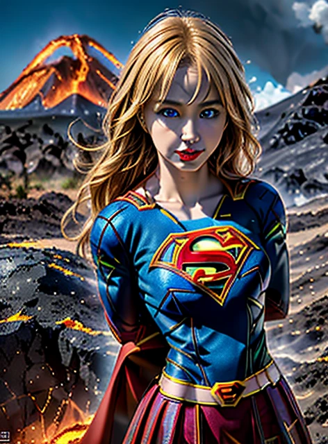 Extremely detailed CG unity 32K wallpaper, (raw photography:1.3), (photorealistic, highest quality, masterpiece:1.2), (correct anatomy, from front:1.5), POV, BDSM, ((1 supergirl:1.4)), solo, ((Caucasian:1.1)), looking at viewer, upper body shot, (blond and long hair:1.4), highly detailed skin, realistic skin texture, intricately detailed face, (realistic-blue eyes, bright eyes, fairly detailed nose, tall nose:1.5), fairly detailed lips, embarrassed, ((arms behind back, restrained, chain bondage, bound with chains tightly:1.5)), slender, beautiful breast, (((waist is buried in magma:1.5))), (((red-hot magma with extreme heat:1.3))), (((partially buried in magma:1.4))), (((outdoor, erupting volcano in background, a lot of magma is flowing:1.5))), ((professional photo, cinematic lighting:1.1)), ((depth of field, sharp focus:1.2)), best aesthetic, ultra high res,