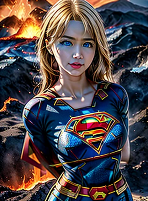 Extremely detailed CG unity 32K wallpaper, (raw photography:1.3), (photorealistic, highest quality, masterpiece:1.2), (correct anatomy, from front:1.5), POV, BDSM, ((1 supergirl:1.4)), solo, ((Caucasian:1.1)), looking at viewer, upper body shot, (blond and long hair:1.4), highly detailed skin, realistic skin texture, intricately detailed face, (realistic-blue eyes, bright eyes, fairly detailed nose, tall nose:1.5), fairly detailed lips, embarrassed, ((arms behind back, restrained, chain bondage, bound with chains tightly:1.5)), slender, beautiful breast, (((waist is buried in magma:1.5))), (((red-hot magma with extreme heat:1.3))), (((partially buried in magma:1.4))), (((outdoor, erupting volcano in background, a lot of magma is flowing:1.5))), ((professional photo, cinematic lighting:1.1)), ((depth of field, sharp focus:1.2)), best aesthetic, ultra high res,