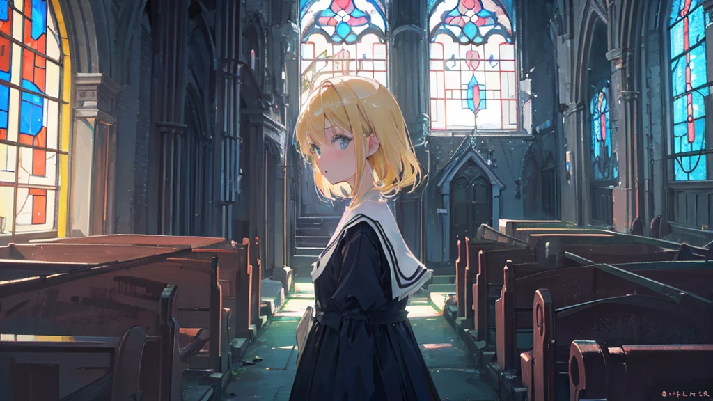 (1 girl, sister, blonde hair, kawaii), (abandoned church, blue stained glass)