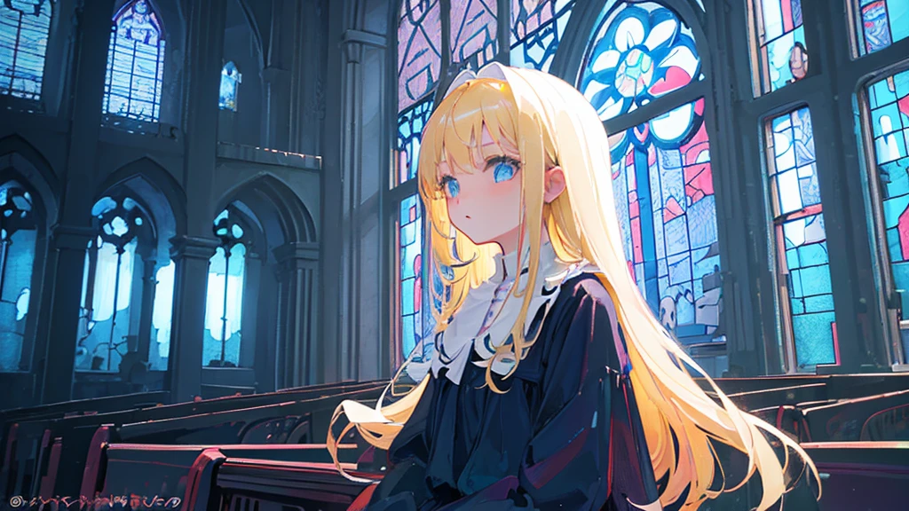 (1 girl, sister, blonde hair, kawaii), (abandoned church, blue stained glass)