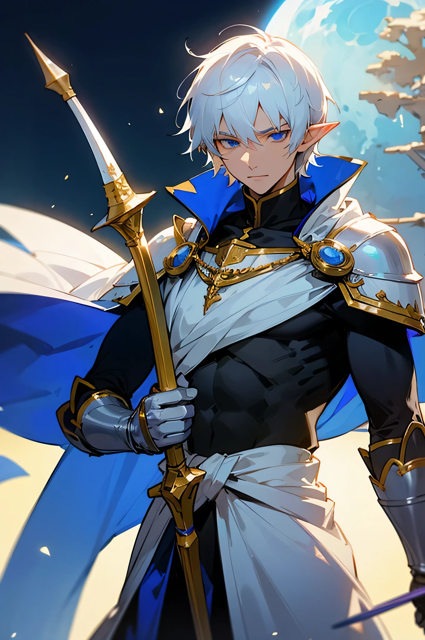 ultra-detailed, pointy ears, white hair, blue eyes, short hair, wears silver armor on his chest, on his sleeves he wears a white fabric up to his hands, wears a blue cape on his back with gold adornments, the cape covers the armor in his shoulders, holding a bow and arrow in his hands, and on his waist is a sword, the cloth Is the moon, a face, ethereal lighting, mystical atmosphere, vibrant colors