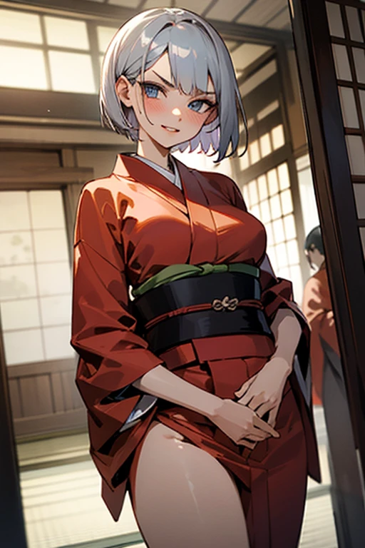 (masterpiece, best quality), nsfw,
1girl, standing,hands on own chest,
BREAK 18 yo,  short silver hair, beautiful detailed cutest eyes, eyeshadow, lips, gal, large breasts, 
angry, smile, (blush:0.8),

BREAK ((red japanese_kimono)),
BREAK japanese style room
