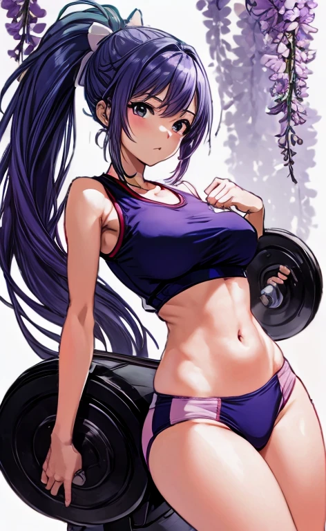 A beautiful woman with long wisteria-purple hair, a ponytail and a light pink ribbon, and beautiful legs, is wearing gym clothes with a white top.、She is standing in dark blue bloomers with the bottom shaped like panties.。