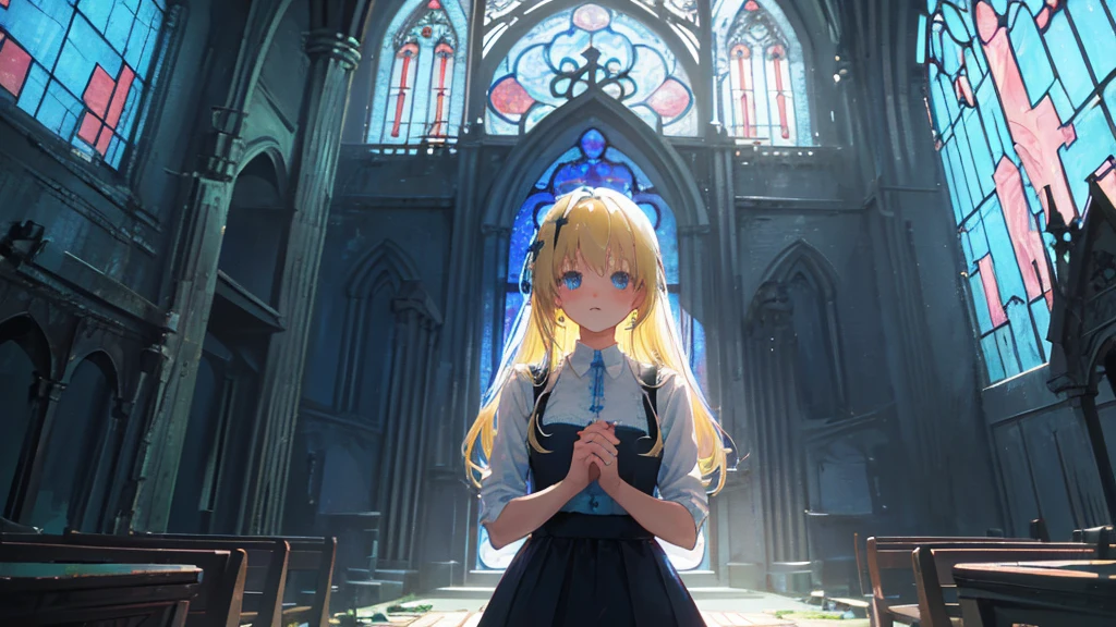 (abandoned church, blue stained glass), (1 girl, sister, blonde hair, kawaii)