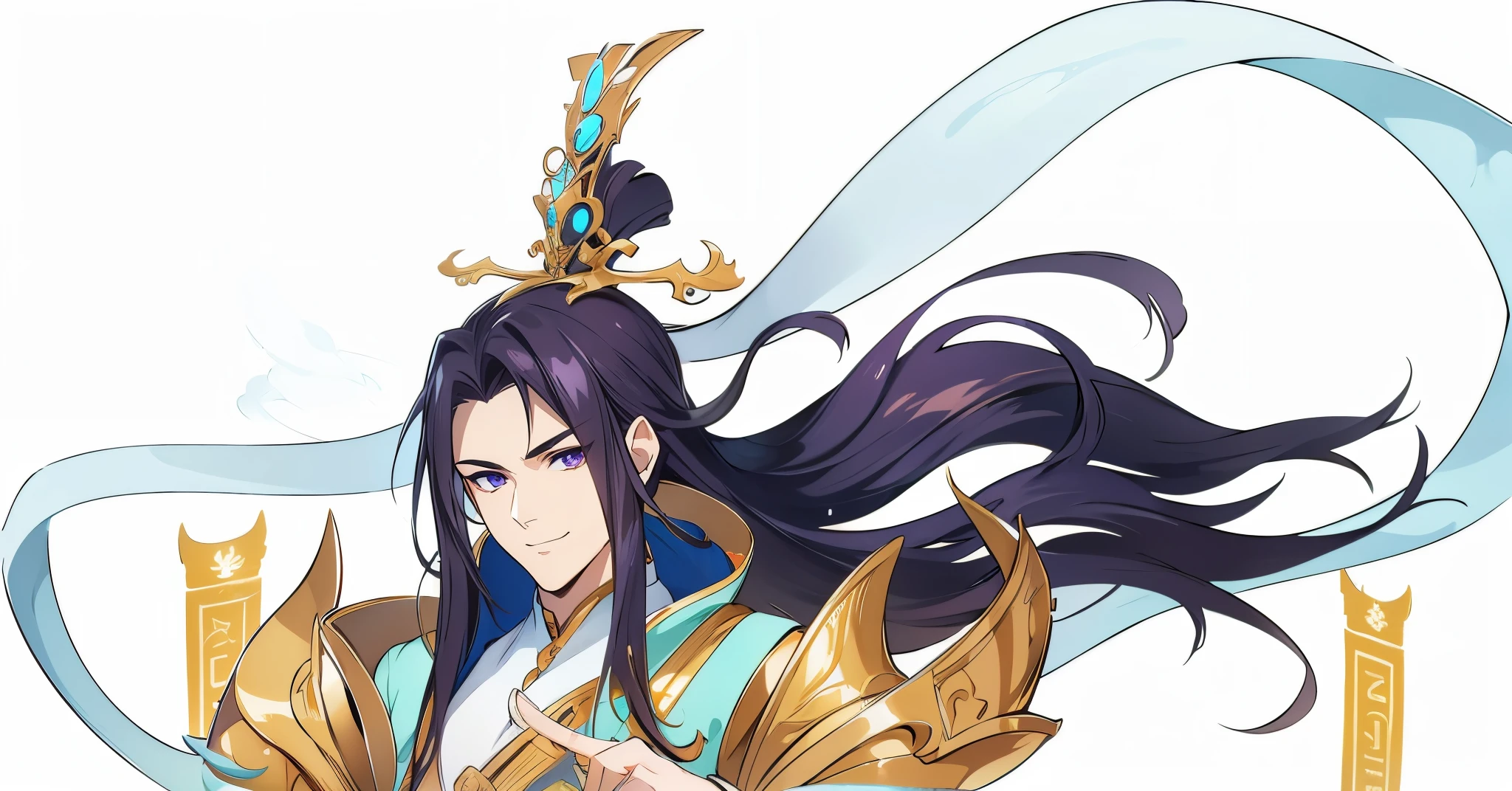 Delicate features, handsome face, beautiful purple eyes, smiling at the camera,