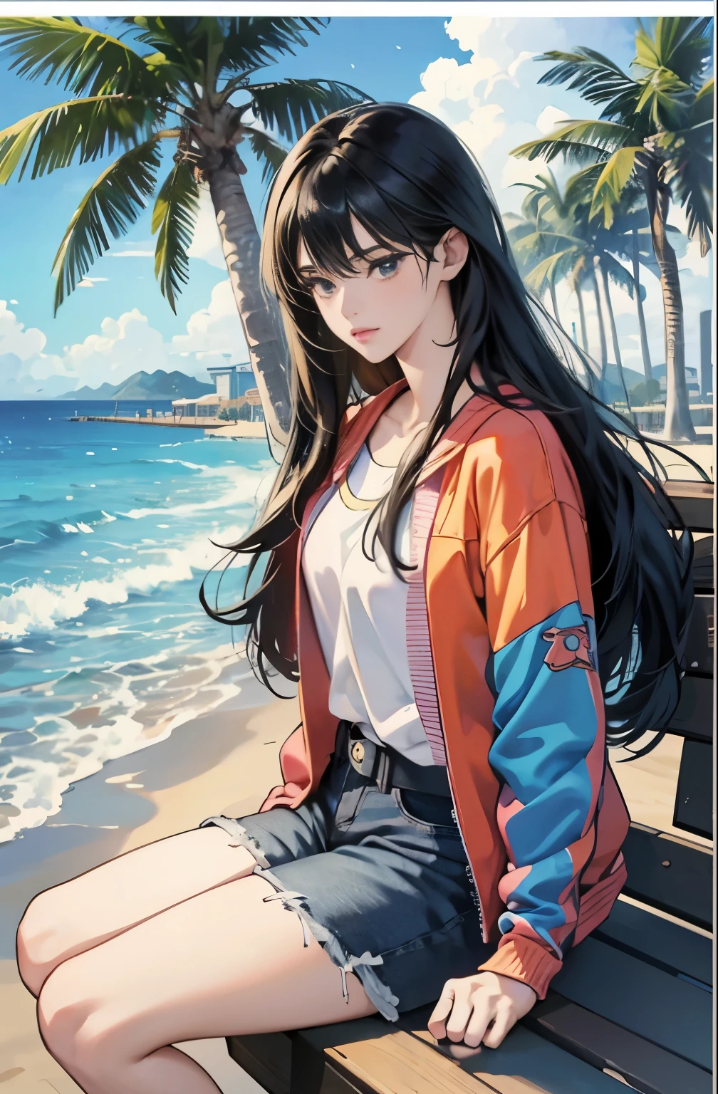 very colorful, Pop feel, orange and indigo tones, summer image, Palm tree, seaside, anime woman with long black hair, Around 25 years old, wearing a jacket, blue jeans, perfect tall model body, cool beauty, That will happen, Anime drawing by Yang J, Trending at Art Station, realism, extremely detailed germ of art, Realistic anime 3D style, anime style 4 k, up to the model | germ of art, anime style. 8k, casual clothes, realistic anime art style, style germ of art, sharp outline, highest quality, perfect angle, perfect composition, best shot, official art,CD jacket, 80s city pop, very stylish