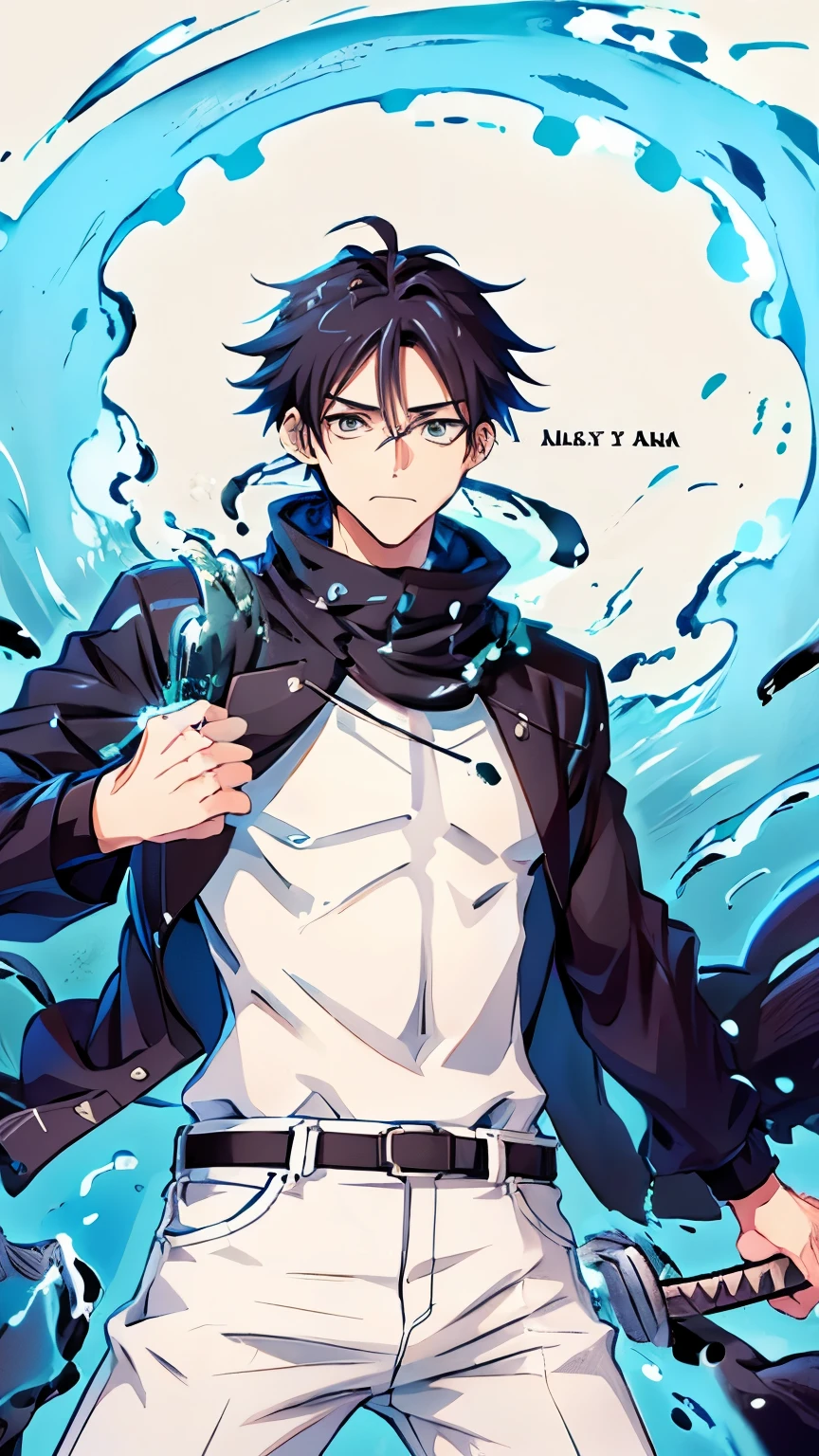 man guy male boy black hair cyan eyes ready to fight wearing black jacket and white jeans holding katana