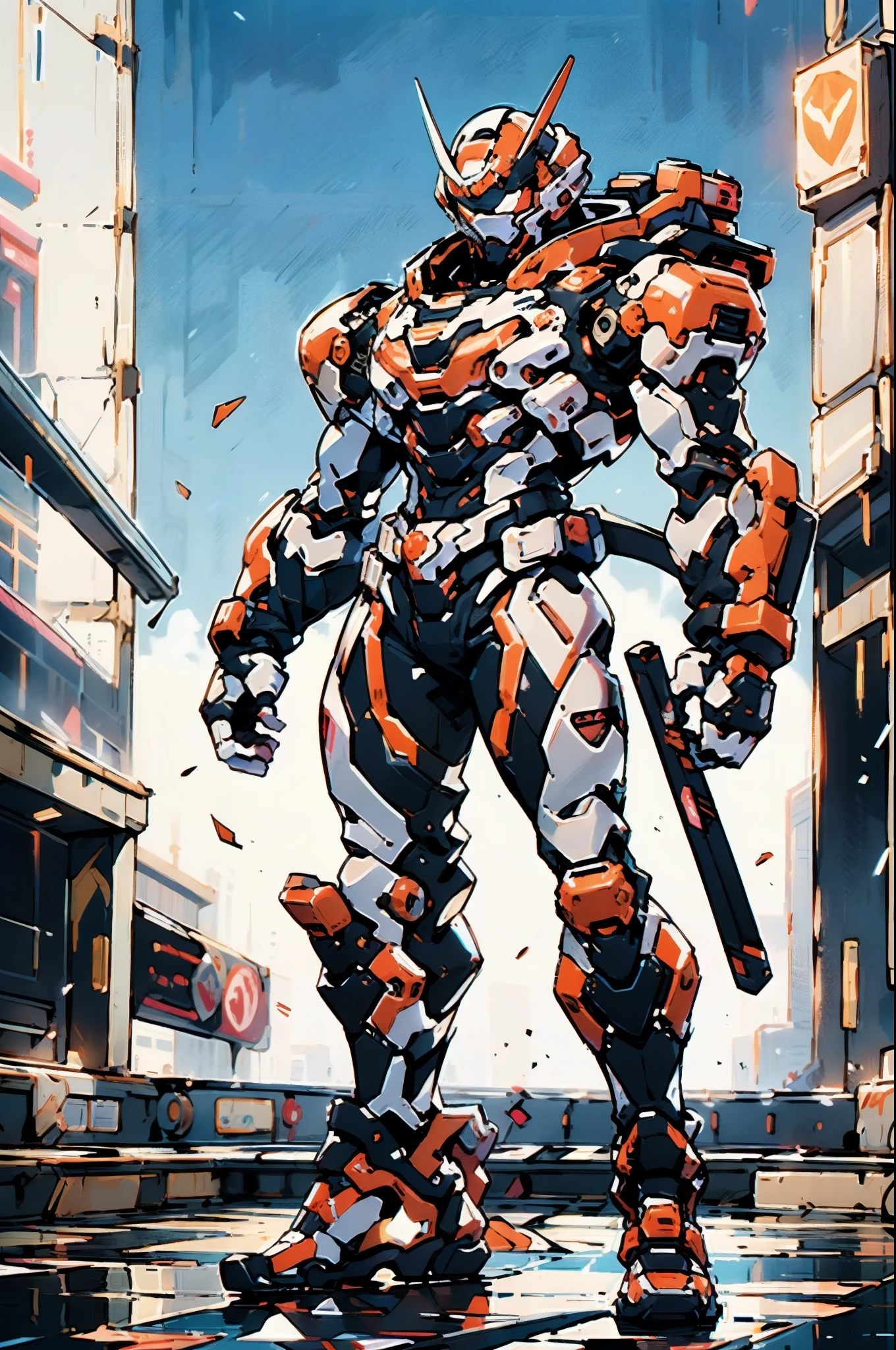 A super a high-tech biotech battle suit, standing on a rooftop, looking over the city, Japanese tokusatsu and American comic style, biometallic texture of the suit, sleek and shiny, dynamic, fast, natural light, cinematic, high quality, high resolution, high detail, sophisticated design, dramatic, high definition, ultra-detailed, ultra-fine painting, extremely delicate, creativity, Natural light, cinematic lighting, best shadow, masterpiece-anatomy-perfect