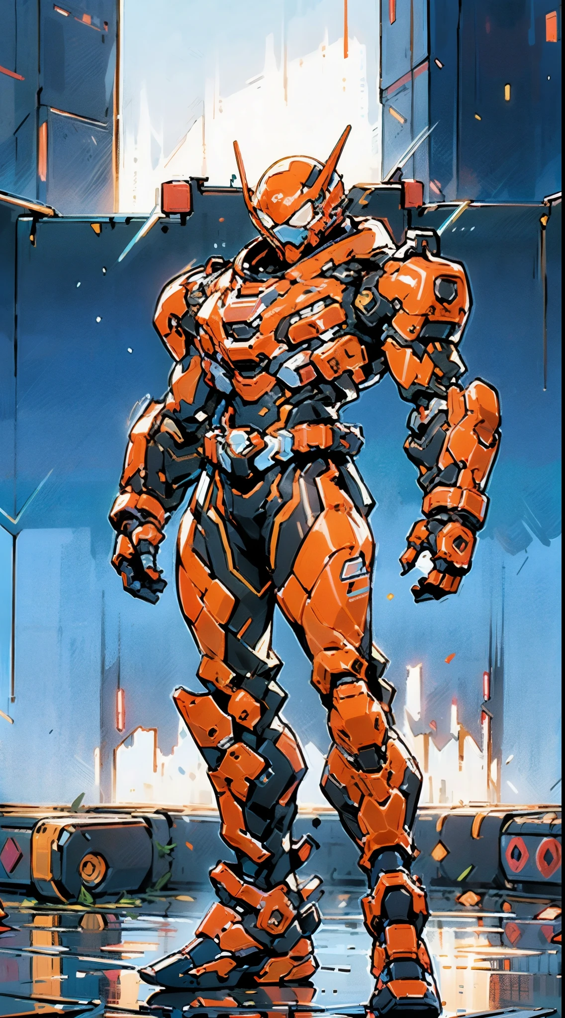 A super a high-tech biotech battle suit, standing on a rooftop, looking over the city, Japanese tokusatsu and American comic style, biometallic texture of the suit, sleek and shiny, dynamic, fast, natural light, cinematic, high quality, high resolution, high detail, sophisticated design, dramatic, high definition, ultra-detailed, ultra-fine painting, extremely delicate, creativity, Natural light, cinematic lighting, best shadow, masterpiece-anatomy-perfect