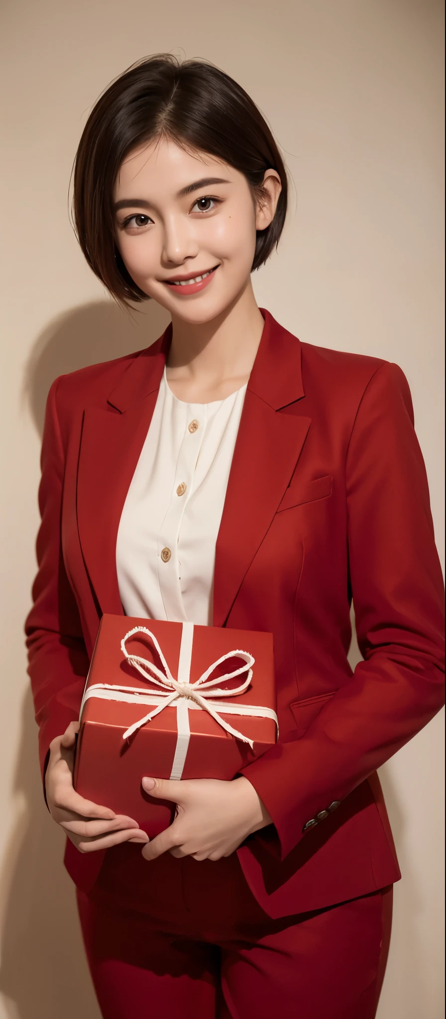 gentle and cute,A girl holding a big red gift box,Short hair details,Smile,front,rcasual,Suit,bust,Standing posture,Photography,high quality,