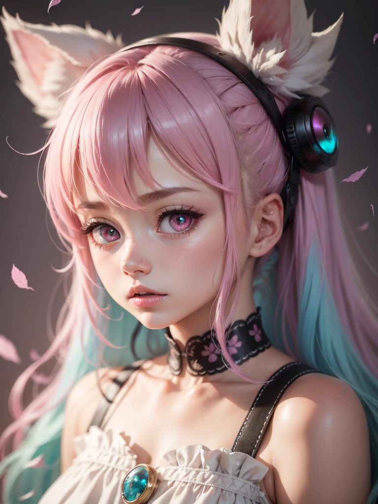 a close up of a doll with pink hair and white ears, kawaii realistic portrait, creepy kawaii, lavender and pink eyes, fairycore, glowing pink eyes, large cute anime eyes, anime girl in real life, hyper realistic anime, anime inspired, kawaii aesthetic, y 2 k cutecore clowncore, pink eyes, pink twintail hair and cyan eyes --auto --s2-imagine