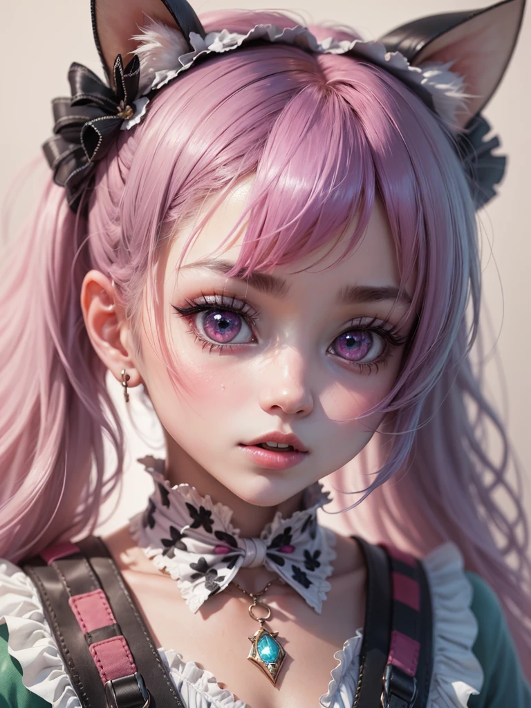 a close up of a doll with pink hair and white ears, kawaii realistic portrait, creepy kawaii, lavender and pink eyes, fairycore, glowing pink eyes, large cute anime eyes, anime girl in real life, hyper realistic anime, anime inspired, kawaii aesthetic, y 2 k cutecore clowncore, pink eyes, pink twintail hair and cyan eyes --auto --s2-imagine