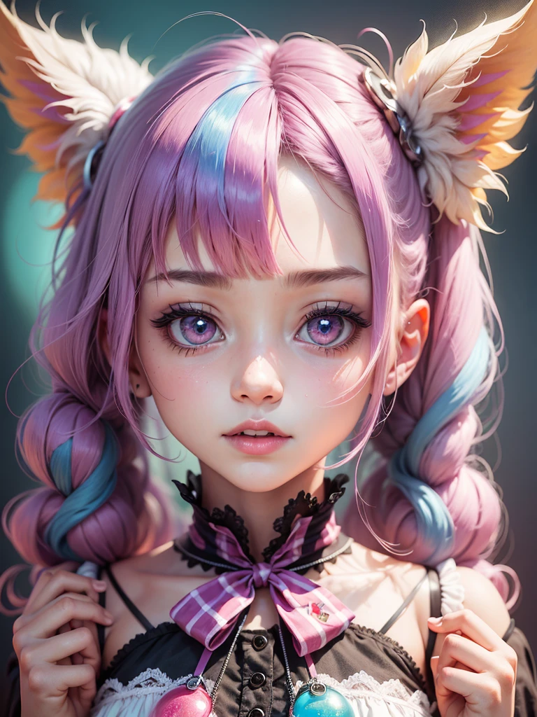 a close up of a doll with pink hair and white ears, kawaii realistic portrait, creepy kawaii, lavender and pink eyes, fairycore, glowing pink eyes, large cute anime eyes, anime girl in real life, hyper realistic anime, anime inspired, kawaii aesthetic, y 2 k cutecore clowncore, pink eyes, pink twintail hair and cyan eyes --auto --s2-imagine 