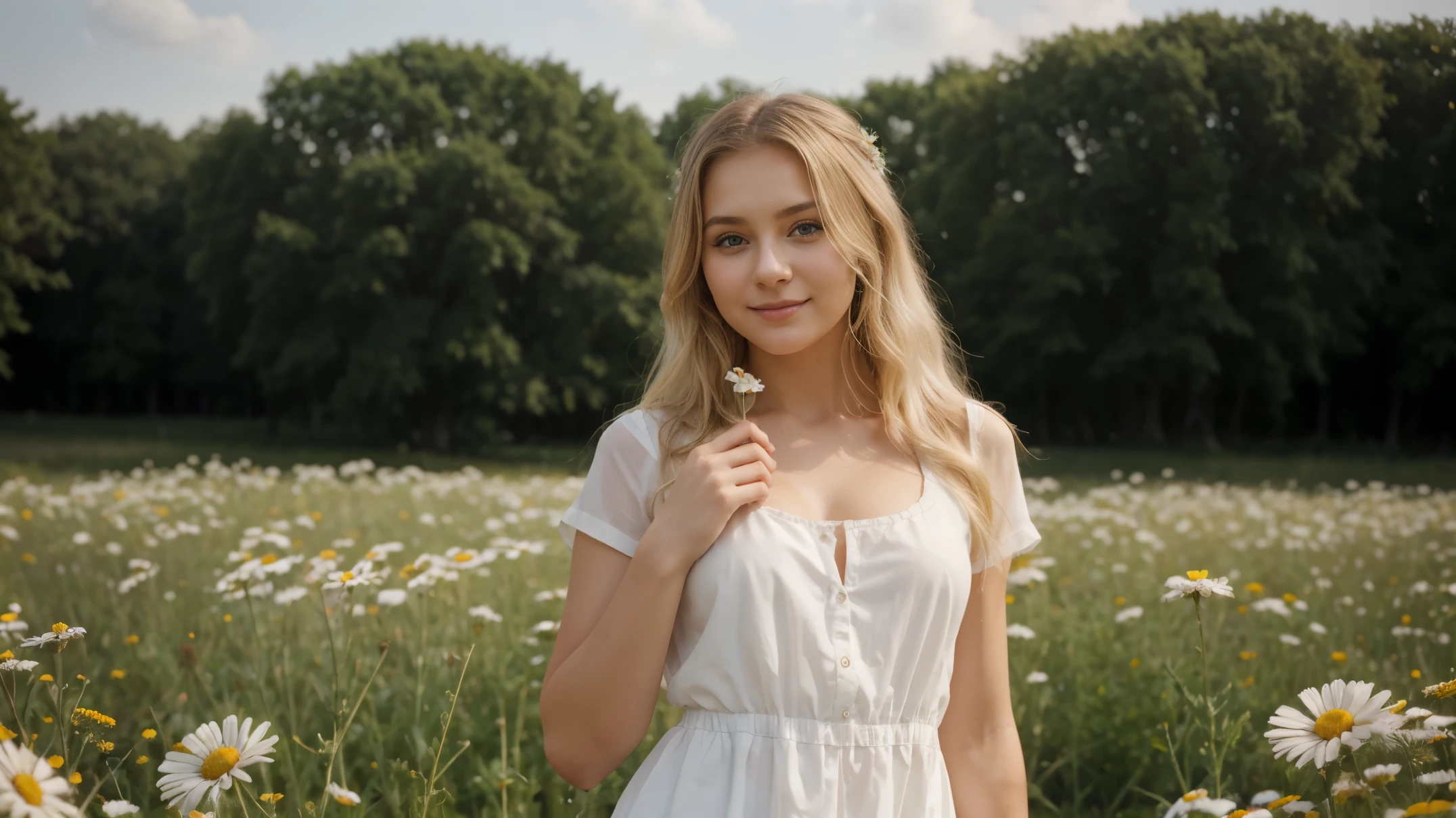 Wind, светлые длинные hair fluttering in the wind от сильного ветра, Field of daisies, woman in a short white dress with a perfect figure and slender legs in full height, hair fluttering in the wind, holding a chamomile in his hand, smiling, original perfect super beautiful face, Firestarter, standing in a clearing with daisies, butterfly on a flower, Young woman фронтальная в ромашковом поле, Young woman нa лугу с ромашками, beautiful blonde, Young woman, standing in a chamomile field, beautiful blonde, Young woman в коротком платье гуляет по ромашковому полю ((Best quality)), ((masterpiece)), (detailed), original perfect super beautiful face, Firestarter