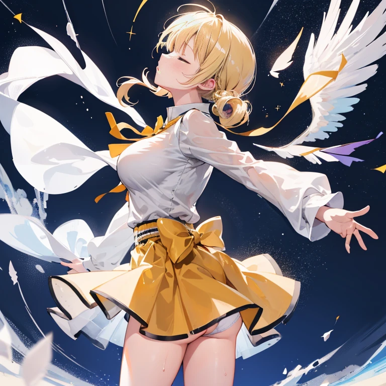 1 girl, cowboy shot, solo, perfect anatomy, standing, spread arms, mami tomoe, masterpiece, best quality, highres, big breast, closed eyes, :o, (fluttering skirt, white panties:1.2), sacred, glitter, sparkle, spot light, transparent clothes, wet, scenery, look another, face up, from side, headback