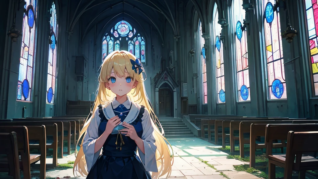 (1 girl, sister, blonde hair, kawaii), (abandoned church, blue stained glass)