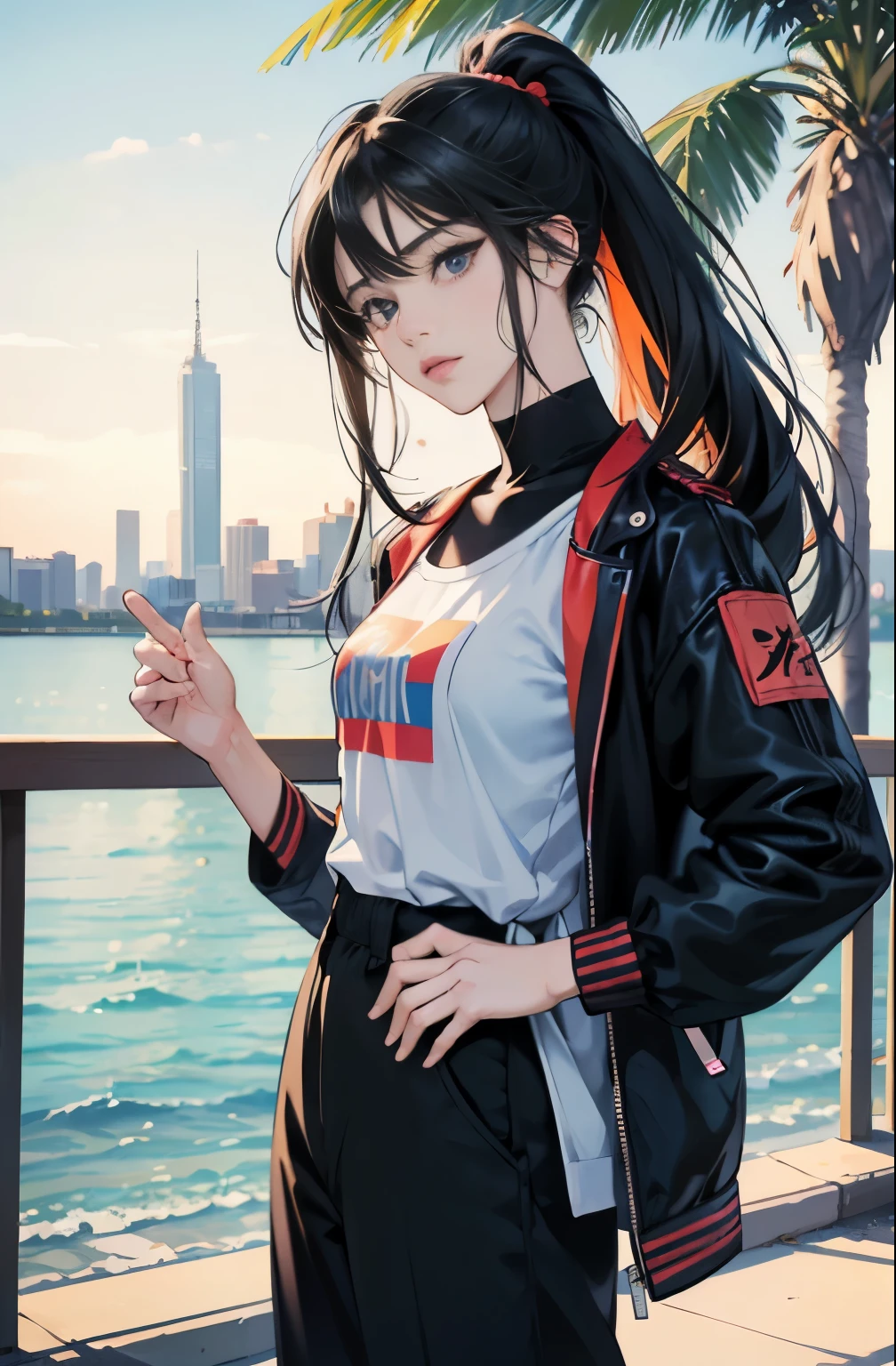 very colorful, Pop feel, orange and indigo tones, summer image, Palm tree, seaside, anime woman with long black hair, Around 25 years old, wearing a jacket, black pants, perfect tall model body, cool beauty, That will happen, Anime drawing by Yang J, Trending at Art Station, realism, extremely detailed germ of art, Realistic anime 3D style, anime style 4 k, up to the model | germ of art, anime style. 8k, casual clothes, realistic anime art style, style germ of art, sharp outline, highest quality, perfect angle, perfect composition, best shot, official art,CD jacket, 80s city pop, very stylish