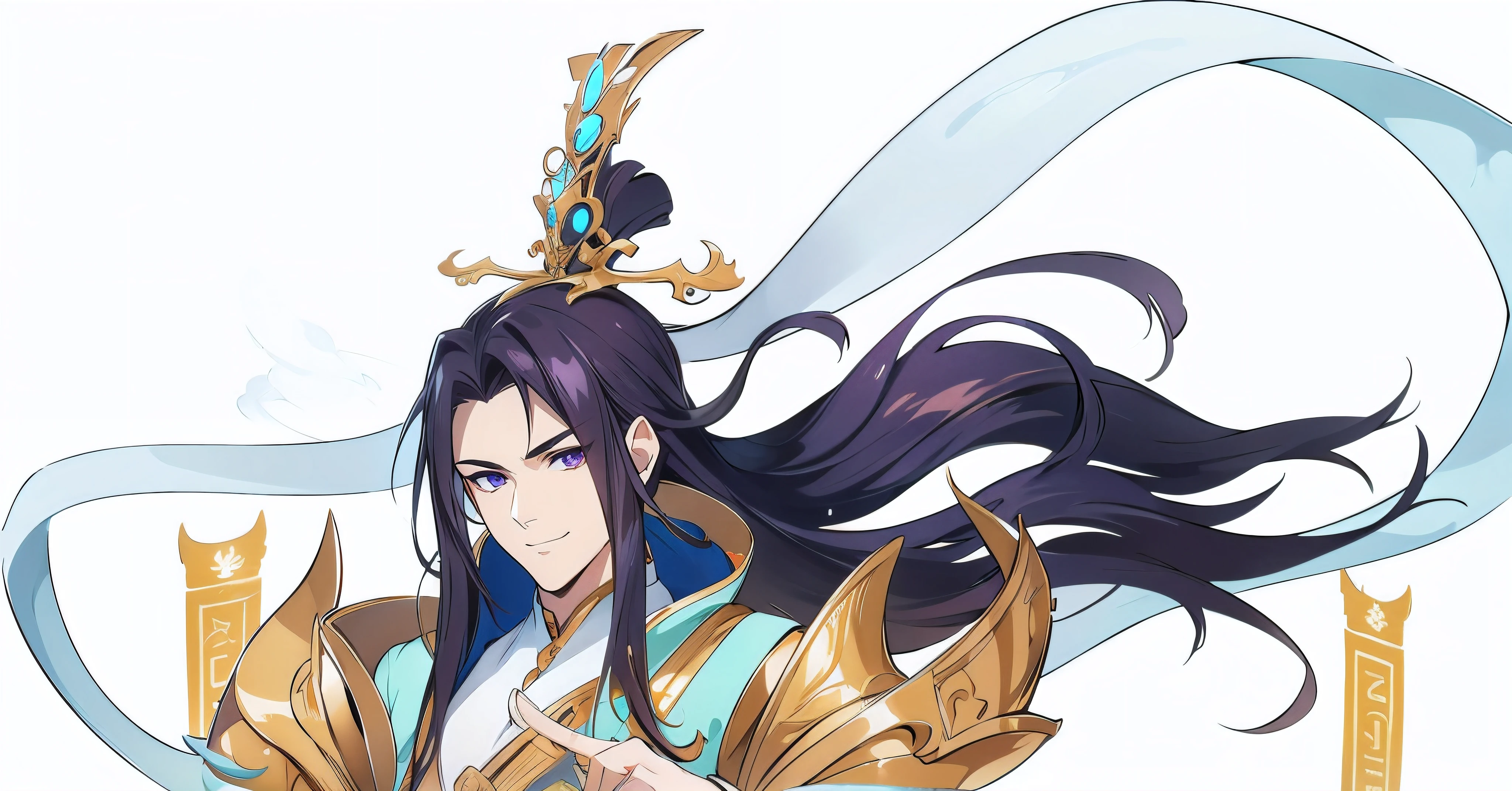 Delicate features, handsome face, beautiful purple eyes, smiling at the camera,