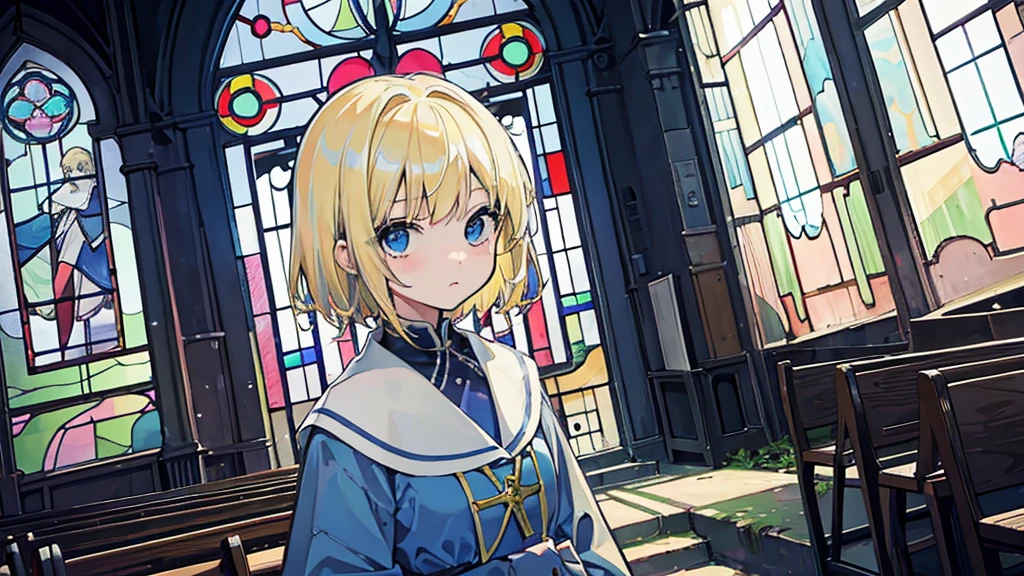 (1 girl, sister, blonde hair, kawaii), (abandoned church, blue stained glass)