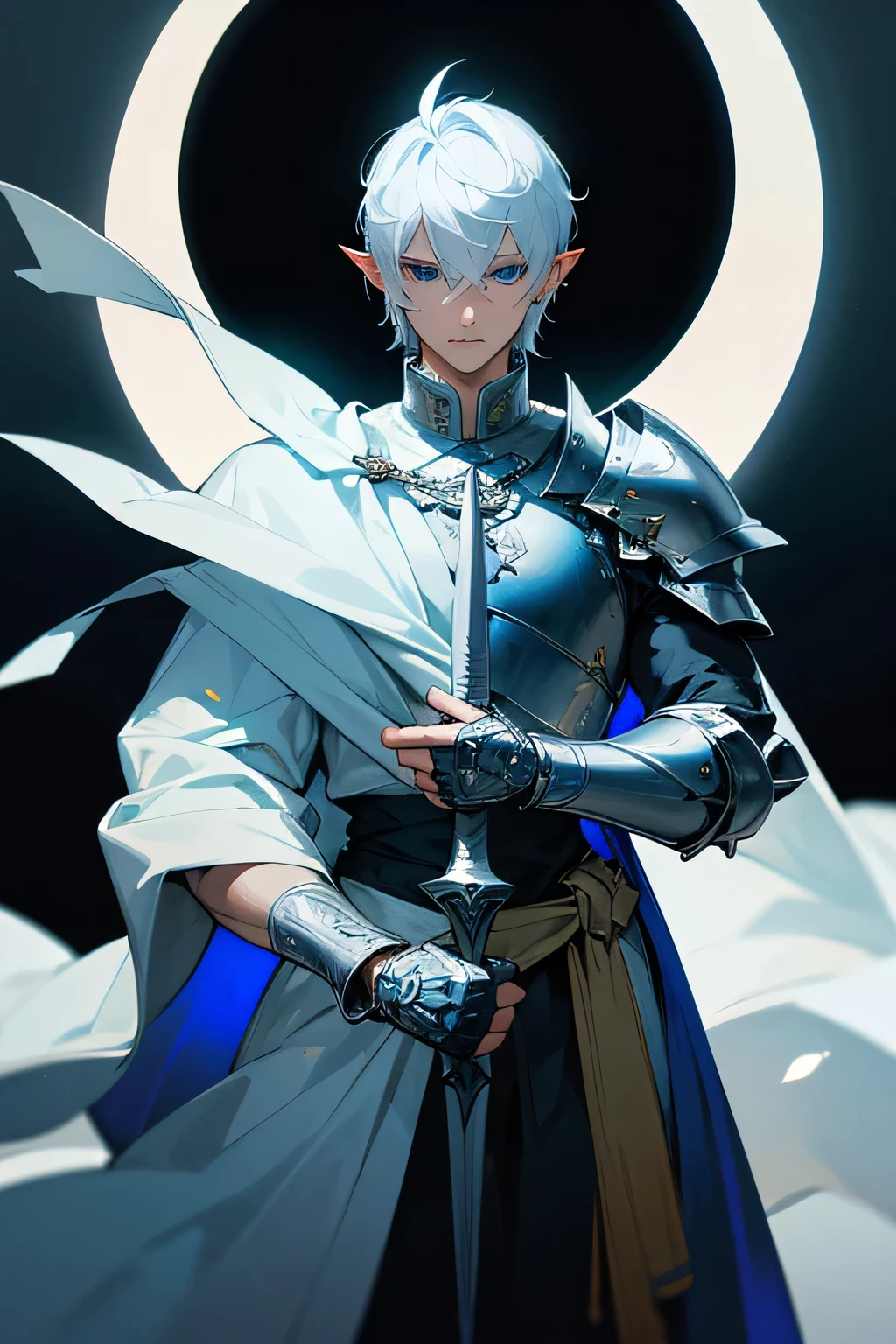 ultra-detailed, pointy ears, white hair, blue eyes, short hair, wears silver armor on the chest, on the sleeves, wears white fabric up to the hands, wears silver bracelets on both hands, wears white fingerless gloves, wears a blue cape with decorations gold on his back, in one of his works he wears silver armor on his shoulders, holding a silver curved dagger in his hand, the cloth is the moon, a face, ethereal lighting, mystical atmosphere, vibrant colors