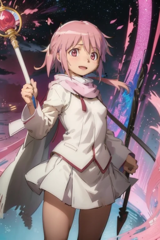 , (masterpiece:1.2), (highest quality:1.15), extremely be familiar with,1 girl, be familiar with,1 girl, alone, Madoka, long hair,shrine maiden, white cloth, pink robe, , Are standing, whole body, Medium chest, mature woman, tall girl, Are standing,smile,, pink eyes Madoka, cold, small breasts, winding,, holding staff, pink scarf,super tiny string bikini,exposed,super tiny string bikini