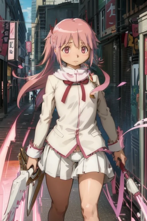 , (masterpiece:1.2), (highest quality:1.15), extremely be familiar with,1 girl, be familiar with,1 girl, alone, Madoka, long hair,shrine maiden, white cloth, pink robe, , Are standing, whole body, Medium chest, mature woman, tall girl, Are standing,smile,, pink eyes Madoka, cold, small breasts, winding,, holding staff, pink scarf,super tiny string bikini,exposed,super tiny string bikini