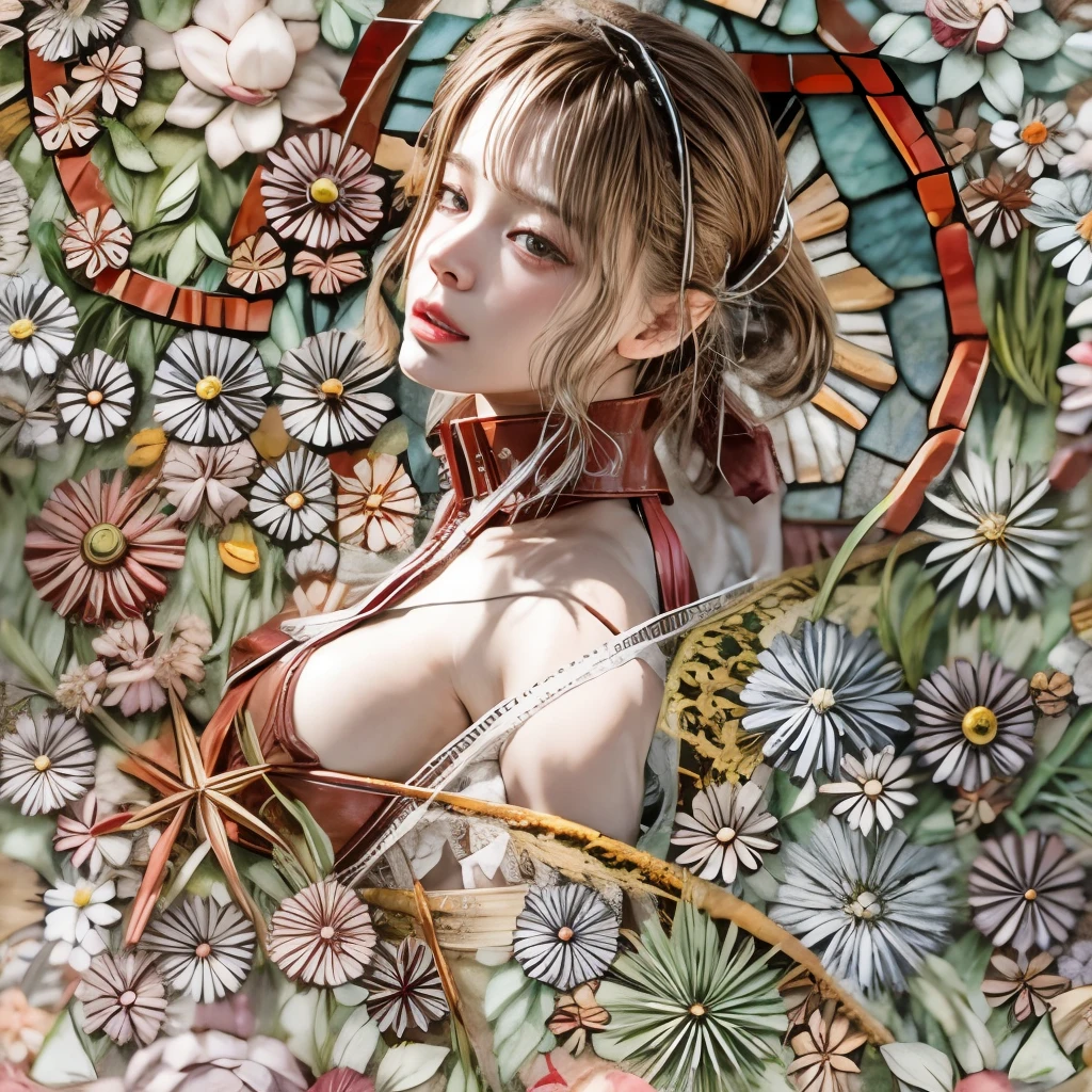 Sexy girl in ((WHITE)) and Delicate lace underwear, with Glossy RED lips and sexy tongue, (Exposed:1.2), (nipple:-0.9), { very Cute lips closeup | Dynamic-angle }, ((Dazzling stained glass Background)), (( colorful Light shines through stunning elaborate stained glass:1.2)), vivid Red colors . ((Acutance:0.8, physically-based rendering)), (masterpiece:1.2), (ultra-detailed:1.35), (realistic, photorealistic, ((photo-realistic:1.37))with touch of rawness) . ((Renbutsu Misako)), (Extremely detailed KAWAII face variations, with Dynamic expressions), detailed eyes with sparkling highlights, captivating gaze, long eyelashes, subtle blush on the face, rosy cheeks, impeccable skin texture . { full of flowers covering girl's body | Mystic sight | haze | Light Particle | Lens Particle | Lens Flare | Dazzling angle Halo | (Red leather) high collar | Overflowing sideboob } . (((large eyes:-0.9, not Detailed fingers:-0.9))) .