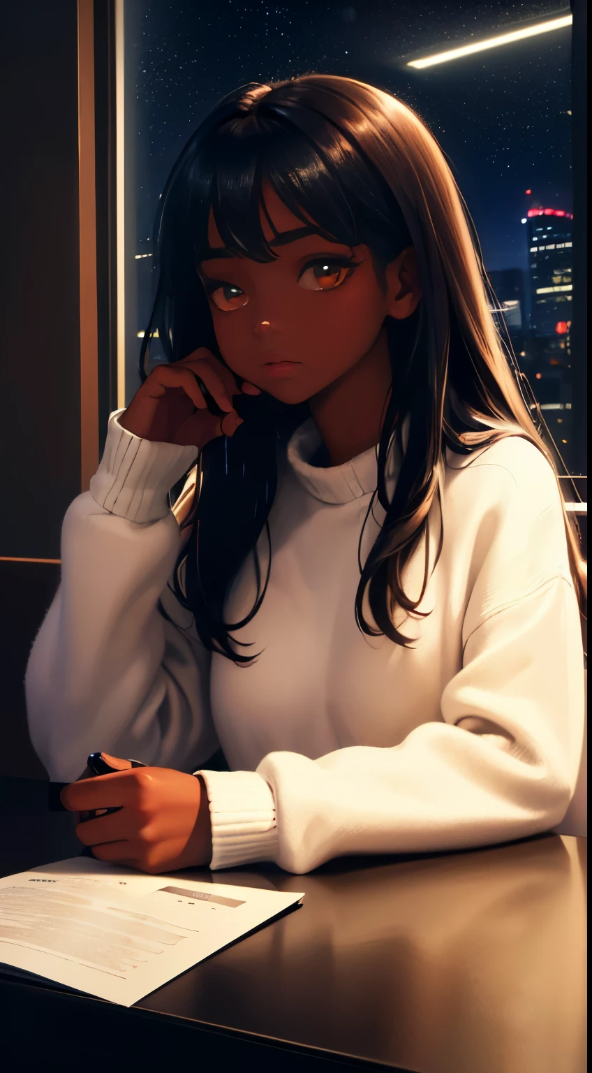 ((masterpiece, best quality, ultra detailed, ultra high res)), ((night)), (distant), coffee, indoors, solo focus, pov, (through the window), (armrest), 1 black girl, dark skintone, facing away, black hair, long hair, distracted, sitting, fuzzy sweater shirt, (looking away), streetspace, neon lights, particles, luminous dark brown eyes,
