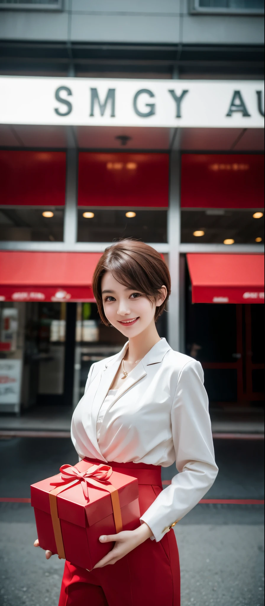 gentle and cute,A girl holding a big red gift box,Short hair details,Smile,front,rcasual,Suit,bust,Standing posture,Photography,high quality,