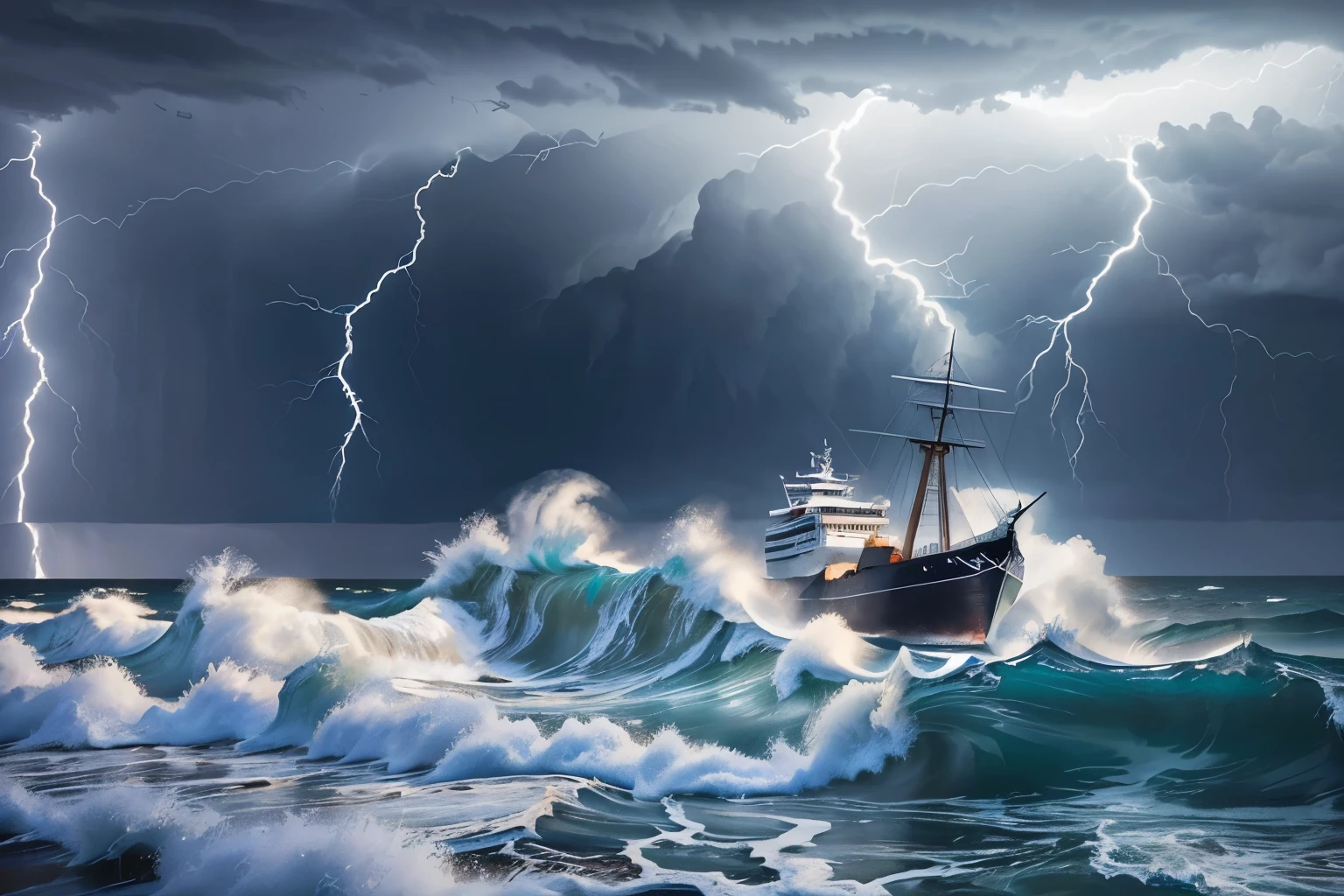 A ship in the storm, big waves, lightning, dark sky, dark clouds, dark colors, black, rain, drops, bolt, heavy rain, storm, sea storm, ship